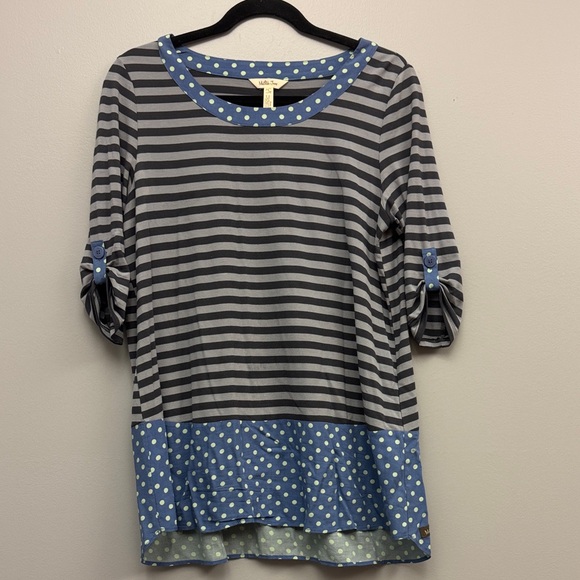 Matilda Jane Tops - Matilda Jane Gray Striped Top with Blue Polka Dots
